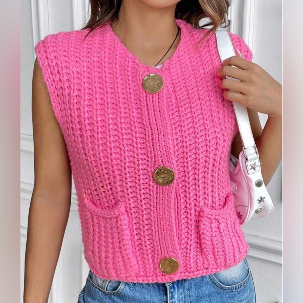 Sleeveless Chunky Knit Button Vest - Hot Pink - Picture 6 of 7